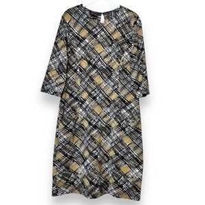 J. McLaughlin Catalyst Dress Large black gold‎ print plaid knit stretch sheath